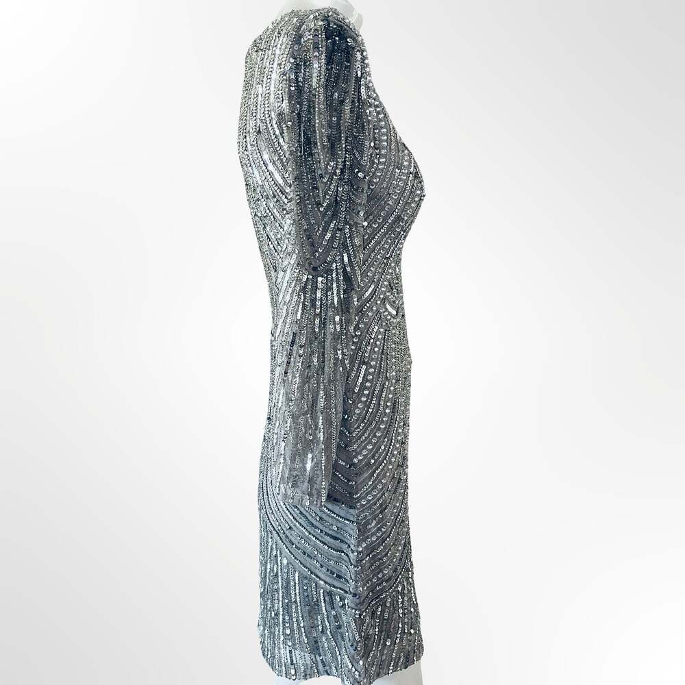 Lara 29615 Long-Sleeve Beaded Cocktail Dress in Silver - Picture 4 of 9